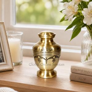 Timeless Pewter Memorial Urn – Small Brass Keepsake with Elegant Floral Band