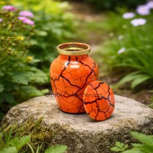 Vibrant Orange & Black Crackle Keepsake Urn – Artistic Mini Brass Urn for Ashes