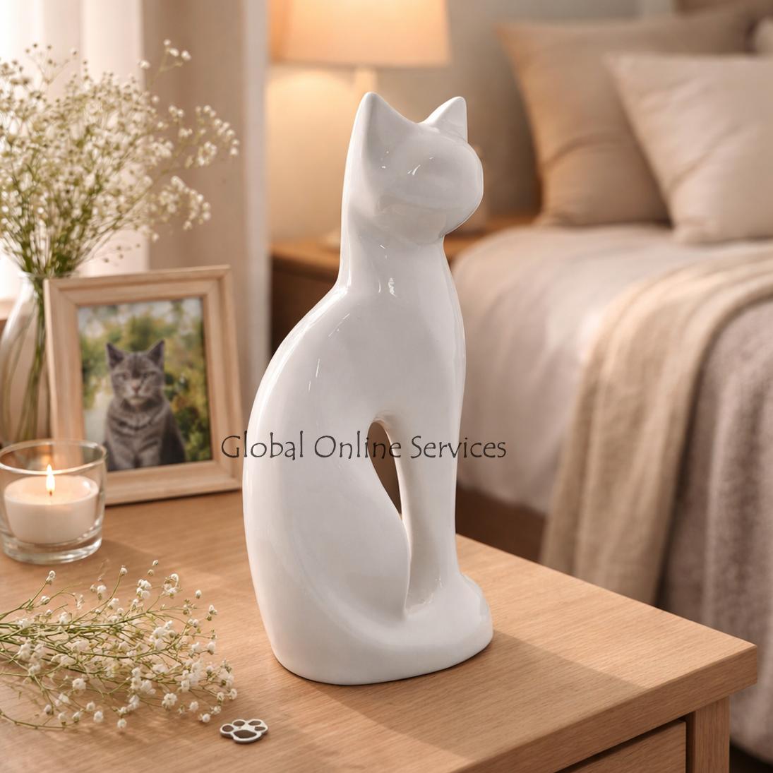 White Gloss Cat Shape Pet Cremation Urn For Ashes