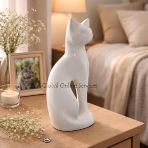 White Gloss Cat Shape Pet Cremation Urn For Ashes