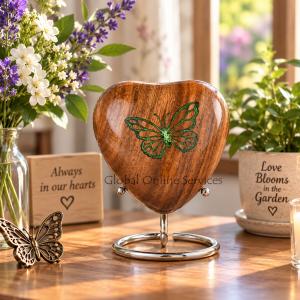 Wooden Heart Keepsake Urn with Green Butterfly Memorial Urn for Ashes