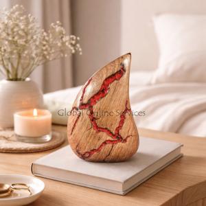 Wooden Teardrop Keepsake Urn with Red Lightning Burn